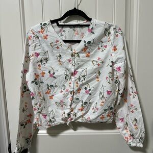 H&M White Floral Blouse with Pink and Orange Accents
